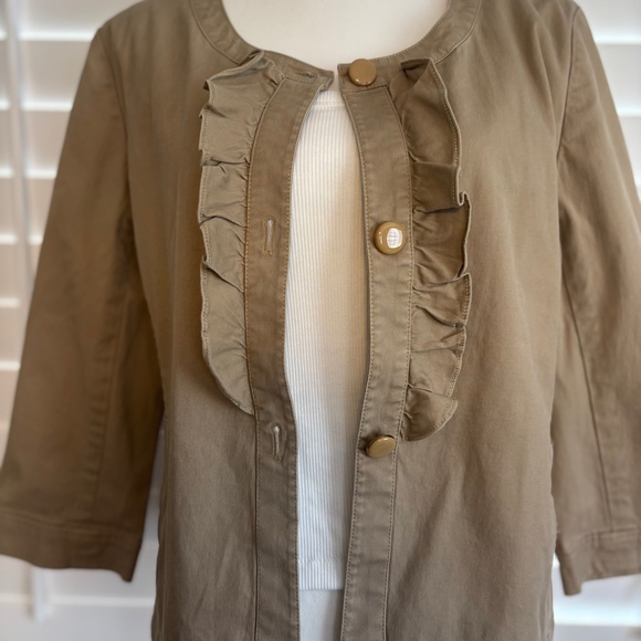 Talbots Womens Khaki Blazer Size 14P Ruffle 3/4 Sleeves Stretch  Spring Pockets‎ - Picture 3 of 9